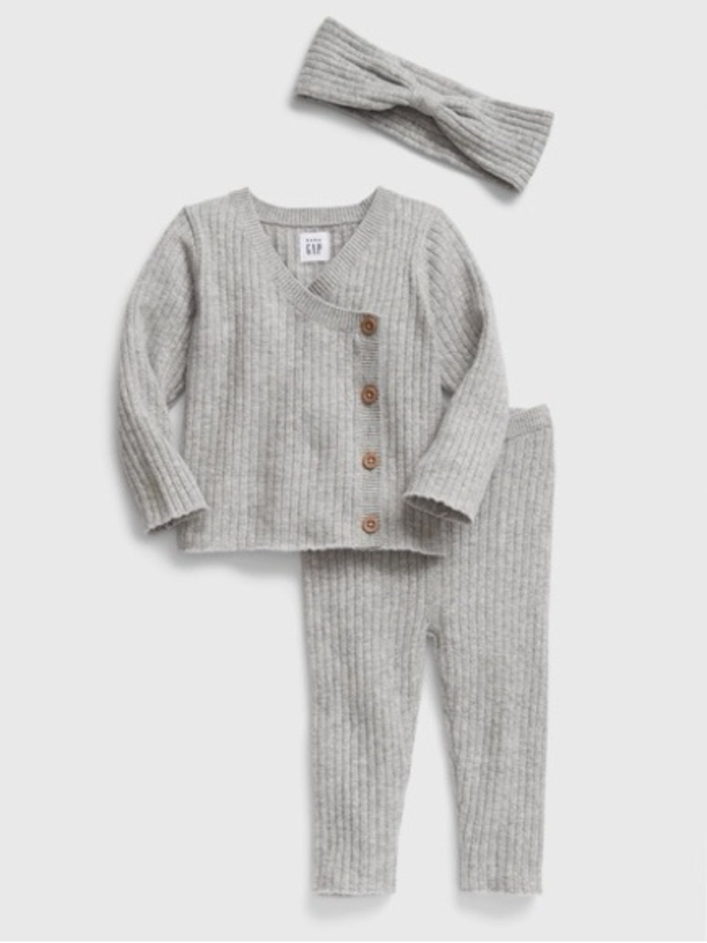 GAP Baby Gray Ribbed Knit Baby Cardigan Set with Headband